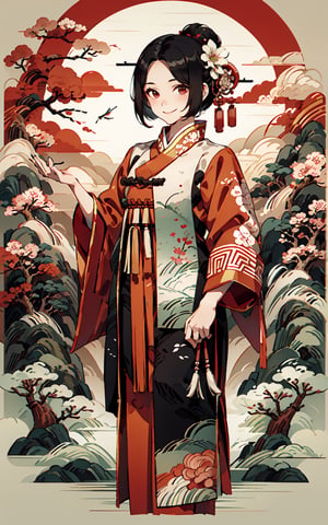 girl,Drees,black hair,short hair,colored cloth,Chinese traditional clothing),smile,flower,(Masterpiece: 1.2,Best quality),(soft light),(shining skin),1girls,Chinese ink painting style, 1girl, traditional Chinese fabrics, traditional Chinese musical instruments, Chinese style