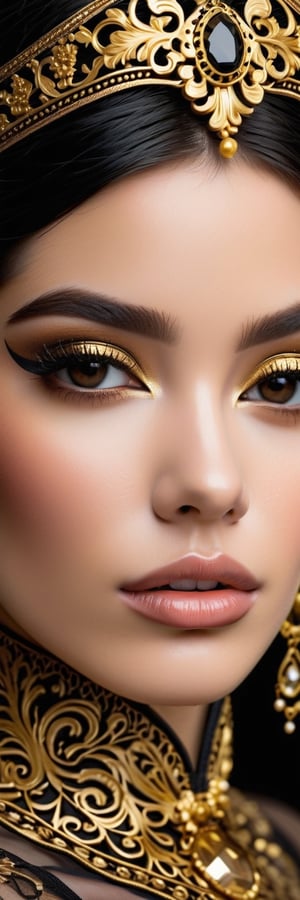 Gorgeous close-up face of a 23 year old girl, aloof, elegant, baroque decoration, delicate filigree, gold and obsidian decoration, high resolution, opulent mechanical complexity, intricate gold and obsidian textures.