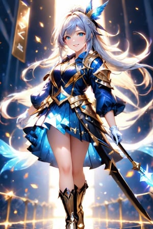 1girl, solo, long hair, looking at audience, smile, skirt, high heels, gloves, holding, standing, full body, ponytail, weapon, white hair, boots, alternative clothing, white gloves, armor, character name, high heels, official alternate Costume (gold), headband, boots, magical girl, white footwear, headwear, high-heeled boots, bow\(weapon\), breastplate, arrow\(slug\), Lux\(League of Legends\),photo r3al,glass