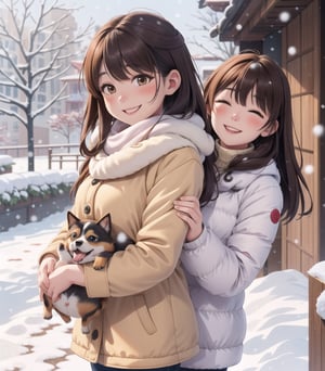 Cute dog, Shiba Inu, warm, cozy background, winter (snowing).
Wearing thick winter clothes, the female owner on the side is stroking her head. The girl is smiling and harmonious, outside.
