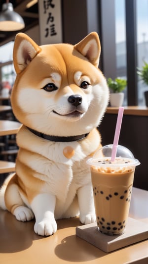 Anime Shiba Inu sitting at the table drinking bubble milk tea, the picture style is realistic, full of childishness, the character is lifelike, He Jiaying, white and brown, cute and colorful, shiny/glossy, realistic photo, high quality, portrait photo
