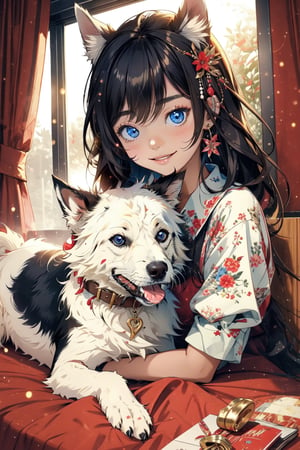 happy new years for 2024,1 girl and a cute dog ,in room ,red