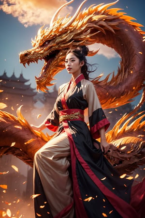 masterpiece, top quality, best quality, official art, beautiful and aesthetic:1.3), (1girl:1.4), black color hair, red hanfu fashion, ((chinese brown wood dragon )), flying in the sky, wood line, volumetric lighting, ultra-high quality, photorealistic, sky background, half body, detailed_background, 4k illustration, 