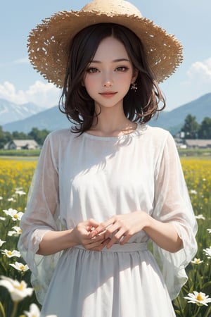 realistic, (masterpiece, best quality:1.2), beautiful and aesthetic, hires, bokeh, depth of field, HDR, godray,
1girl, flower field, Fuji mount, white dress, straw hat, cute smile, (brunette, brown eyes, medium hairs),