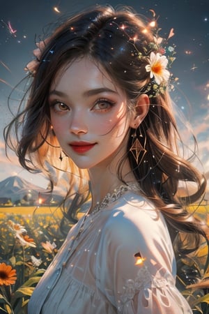 realistic, (masterpiece, best quality:1.2), beautiful and aesthetic, hires, bokeh, depth of field, HDR, godray,
1girl, flower field, Fuji mount, white dress,  cute smile, (brunette, brown eyes, medium hairs),firefliesfireflies,High detailed ,Color magic
