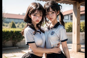 2 girls,Photography, (Highest Quality, Masterpiece: 1.2), 8K, HDR, Photorealism, (Film Framing: 1.3), (Vivid Colors: 1.2), Fine Detail & Textures, Masterpiece, Highest Quality, Super Detail, Charming Smile,teeth, Perfect Hands , detailed face, 18yo Korean woman:0.8, short height:0.8,korean idol style,{serene virgin look like a mix of Kim Tae Yeon, Kana Momonogi and Yang Mi},medium brown hair:0.8,pigtails,skinny, slim, big breasts:0.7,,slim waist, ,school sports clothes, park,out door,,,,,,,Half body shot,multiple girls,2 girls,hug, close body,