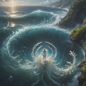 (((Landscape ocean, high view))), ((a blond woman warrior is standing on death hole ocrean, wind, wet:2, surreal white Seaweed hybrids body skin)), very big ethereal auras, creature-inspired, fantasy, bloomers, sunshine, promptshare.art, Waves hit the cliff, Spiral_waves:3, (Glowing, very bright ,big aura, energy, firefly, flying debris, multi colors), film still, (((Wide_shot:2))), realistic, ((cover hands, cool vibes, hyper details, back view, realistic skin, tsunami, UE5)),Renaissance Sci-Fi Fantasy,High Renaissance