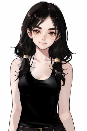 masterpiece, best quality, detailed, portrait, (white background :1.4), 1girl, (black tank top:1.4), (18yo:1.4), (black hair:1.4), (wavy hair:0.8), (bangs:1,4), bangs over eyebrows, pale skin, angled eyebrows, thick eyebrows, brown eyes, dark eyes, freckles, smiling