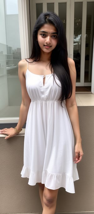 lovely cute young attractive indian teenage girl, big city girl, 18 years old, cute, an Instagram model, long black_hair,  extra clear her body Women A-line White Dress
buttom hand hide