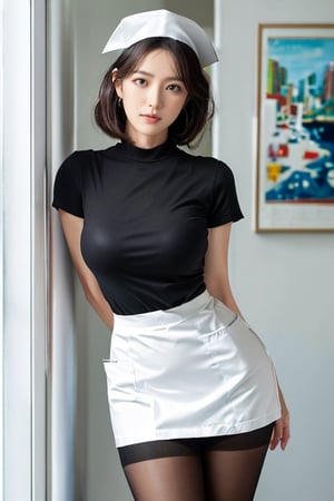 ((Taiwanese beauty))((((60 years old age woman)))), 60so ,white_skin,(curvy),slender,oval face,black hair,short hair,air bangs,light_blush,black eyes,heterochromia,((big breasts)),big breasts,((narrow_waist)),((nurse)),,black_pantyhose,high_heel_boots,nurse_cap,seductive_smile,standing,arms_behind_back,infirmary,look  at  viewer,HDR,UHD,8K,Highly detailed,ultra-fine painting,physically-based rendering,looking at viewer,