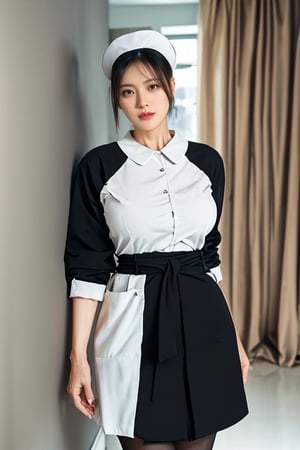 ((Taiwanese beauty))((((60 years old age woman)))), 60so ,white_skin,(curvy),slender,oval face,black hair,short hair,air bangs,light_blush,black eyes,heterochromia,((big breasts)),big breasts,((narrow_waist)),((nurse)),,black_pantyhose,high_heel_boots,nurse_cap,seductive_smile,standing,arms_behind_back,infirmary,look  at  viewer,HDR,UHD,8K,Highly detailed,ultra-fine painting,physically-based rendering,looking at viewer,