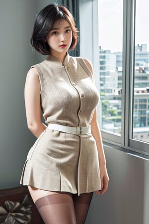 ((Taiwanese beauty)), 60so ,white_skin,(curvy),slender,oval face,black hair,short hair,air bangs,light_blush,black eyes,heterochromia,((big breasts)),((narrow_waist)),((nurse)),sweater_vest,(microskirt),black_pantyhose,high_heel_boots,nurse_cap,seductive_smile,standing,arms_behind_back,infirmary,look  at  viewer,HDR,UHD,8K,Highly detailed,ultra-fine painting,physically-based rendering,looking at viewer,