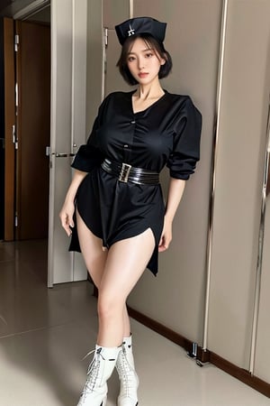 ((Taiwanese beauty))((((60 years old age woman)))), 60so ,white_skin,(curvy),slender,oval face,black hair,short hair,air bangs,light_blush,black eyes,heterochromia,((big breasts)),big breasts,((narrow_waist)),((nurse)),,black panty,boots,nurse_cap,seductive_smile,standing,,infirmary,look  at  viewer,HDR,UHD,8K,Highly detailed,ultra-fine painting,physically-based rendering,looking at viewer,