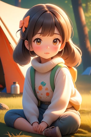 best quality, masterpiece, beautiful and aesthetic, vibrant color, Exquisite details and textures,  Warm tone, ultra realistic illustration,	(cute Japanese girl, 9year old:1.5),	(Camping theme:1.4), camping with my dad,	cute eyes, big eyes,	(a surprised look:1.3),	cinematic lighting, ambient lighting, sidelighting, cinematic shot,	siena natural ratio, children's body, anime style, 	head to toe,	dark brown bun hair,	wearing a white highneck long_sleeve knit sweater and jeans, 	ultra hd, realistic, vivid colors, highly detailed, UHD drawing, perfect composition, beautiful detailed intricate insanely detailed octane render trending on artstation, 8k artistic photography, photorealistic concept art, soft natural volumetric cinematic perfect light. 
