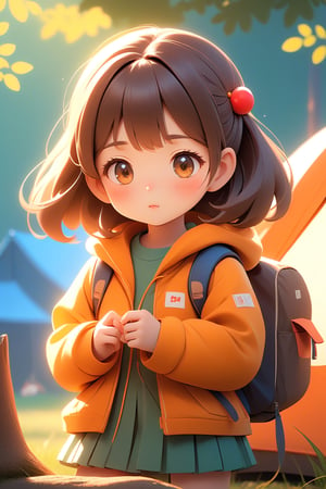 best quality, masterpiece, beautiful and aesthetic, vibrant color, Exquisite details and textures, Warm tone, ultra realistic illustration,	(cute Japanese girl, 9year old:1.5),	(Camping theme:1.4), camping with my dad,	cute eyes, big eyes,	(a surprised look:1.3),	cinematic lighting, ambient lighting, sidelighting, cinematic shot,	siena natural ratio, children's body, anime style, head to toe,	dark brown bun hair,	wearing a school swimwear,	ultra hd, realistic, vivid colors, highly detailed, UHD drawing, perfect composition, beautiful detailed intricate insanely detailed octane render trending on artstation, 8k artistic photography, photorealistic concept art, soft natural volumetric cinematic perfect light. 