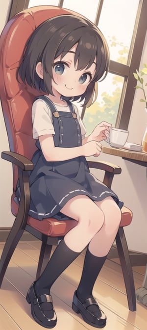 masterpiece, best quality, cute girl, kawaii, loli, short dress, stockings, upskirt, sitting on chair, front view, low angle, underwear, smiling
