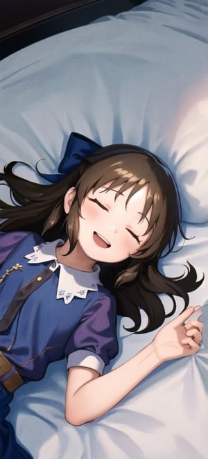 masterpiece, best quality, highres, hmarisu, 9yo, child, loli, long hair, hair bow, blue bow, blue dress, collared dress, short sleeves, puffy sleeves, belt, blue skirt, bedroom, smile, open mouth, sleeping, lying on person