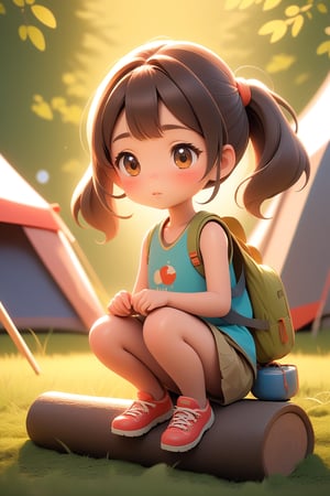 best quality, masterpiece, beautiful and aesthetic, vibrant color, Exquisite details and textures, Warm tone, ultra realistic illustration,	(cute Japanese girl, 9year old:1.5),	(Camping theme:1.4), camping with my dad,	cute eyes, big eyes,	(a surprised look:1.3),	cinematic lighting, ambient lighting, sidelighting, cinematic shot,	siena natural ratio, children's body, anime style, head to toe,	dark brown bun hair,	wearing a tank top and short skirt, squatting,	underwear, ultra hd, realistic, vivid colors, highly detailed, UHD drawing, perfect composition, beautiful detailed intricate insanely detailed octane render trending on artstation, 8k artistic photography, photorealistic concept art, soft natural volumetric cinematic perfect light. 
