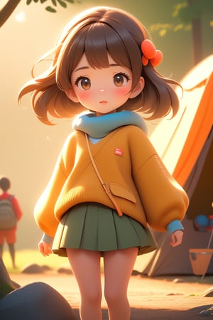 best quality, masterpiece, beautiful and aesthetic, vibrant color, Exquisite details and textures, Warm tone, ultra realistic illustration,	(cute Japanese girl, 9year old:1.5),	(Camping theme:1.4), camping with my dad,	cute eyes, big eyes,	(a surprised look:1.3),	cinematic lighting, ambient lighting, sidelighting, cinematic shot,	siena natural ratio, children's body, anime style, head to toe,	dark brown bun hair,	wearing a white highneck long_sleeve knit sweater and short_skirt,	ultra hd, realistic, vivid colors, highly detailed, UHD drawing, perfect composition, beautiful detailed intricate insanely detailed octane render trending on artstation, 8k artistic photography, photorealistic concept art, soft natural volumetric cinematic perfect light. 