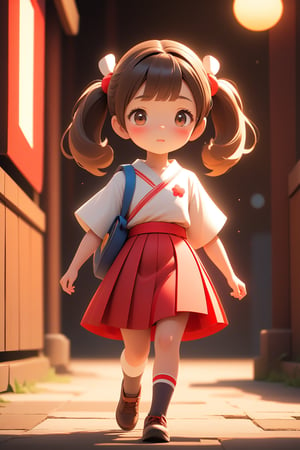 best quality, masterpiece, beautiful and aesthetic, vibrant color, Exquisite details and textures,  Warm tone, ultra realistic illustration,	(cute Japanese girl, 9year old:1.5), cute eyes, big eyes,	(a surprised look:1.3),	cinematic lighting, ambient lighting, sidelighting, cinematic shot,	siena natural ratio, children's body, anime style, head to toe,	dark brown bun hair,	school view, wearing a school_uniform with short_skirt, white shirt, red skirt,	ultra hd, realistic, vivid colors, highly detailed, UHD drawing, perfect composition, beautiful detailed intricate insanely detailed octane render trending on artstation, 8k artistic photography, photorealistic concept art, soft natural volumetric cinematic perfect light. 