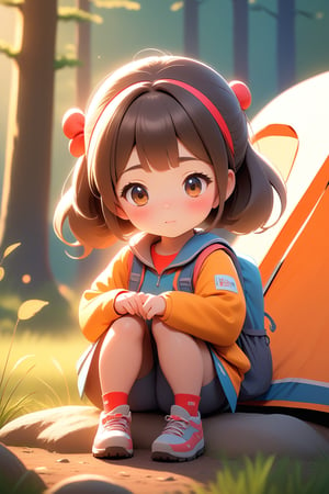 best quality, masterpiece, beautiful and aesthetic, vibrant color, Exquisite details and textures, Warm tone, ultra realistic illustration,	(cute Japanese girl, 9year old:1.5),	(Camping theme:1.4), camping with my dad,	cute eyes, big eyes,	(a surprised look:1.3),	cinematic lighting, ambient lighting, sidelighting, cinematic shot,	siena natural ratio, children's body, anime style, head to toe,	dark brown bun hair,	wearing a cheerleader uniform squatting,	ultra hd, realistic, vivid colors, highly detailed, UHD drawing, perfect composition, beautiful detailed intricate insanely detailed octane render trending on artstation, 8k artistic photography, photorealistic concept art, soft natural volumetric cinematic perfect light. 