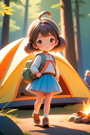 best quality, masterpiece, beautiful and aesthetic, vibrant color, Exquisite details and textures, Warm tone, ultra realistic illustration,	(cute Japanese girl, 9year old:1.5),	(Camping theme:1.4), wind blows, camping with my dad,	cute eyes, big eyes,	(a surprised look:1.3),	cinematic lighting, ambient lighting, sidelighting, cinematic shot,	siena natural ratio, children's body, anime style, head to toe,	dark brown bun hair,	wearing a short skirt, upskirt, underwear,	ultra hd, realistic, vivid colors, highly detailed, UHD drawing, perfect composition, beautiful detailed intricate insanely detailed octane render trending on artstation, 8k artistic photography, photorealistic concept art, soft natural volumetric cinematic perfect light. 