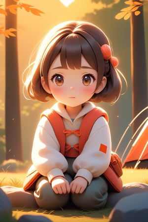 best quality, masterpiece, beautiful and aesthetic, vibrant color, Exquisite details and textures,  Warm tone, ultra realistic illustration,	(cute Japanese girl, 9year old:1.5),	(Camping theme:1.4), camping with my dad,	cute eyes, big eyes,	(a surprised look:1.3),	cinematic lighting, ambient lighting, sidelighting, cinematic shot,	siena natural ratio, children's body, anime style, 	head to toe,	dark brown bun hair,	wearing a white highneck long_sleeve knit sweater and jeans, 	ultra hd, realistic, vivid colors, highly detailed, UHD drawing, perfect composition, beautiful detailed intricate insanely detailed octane render trending on artstation, 8k artistic photography, photorealistic concept art, soft natural volumetric cinematic perfect light. 