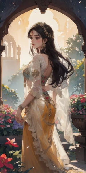 "(Front side),Generate a picturesque and enchanting visual representation of a stunning Indian girl in a lush flower garden. She possesses captivating black eyes that mirror the depth of the night sky, and her long, flowing black hair cascades gracefully down her back.

The girl is dressed in elegant and vibrant Indian-style clothing, adorned with intricate patterns and vibrant colors that harmonize with the blooming flowers around her. Her attire should reflect the rich cultural heritage of India.

Surrounded by a diverse array of colorful flowers in full bloom, the garden is a paradise of natural beauty. The scene should capture the girl's connection to nature, radiating a sense of tranquility and splendor.

This image should evoke the timeless charm and grace of an Indian girl in the midst of a breathtaking flower garden." Photographic cinematic super super high detailed super realistic image, 8k HDR super high quality image, masterpiece ,Saree,perfecteyes,k4k3k,lite brownish skin colour.,beard,fantasy_princess,1 girl,yuzu,FFIXBG,indian_bride