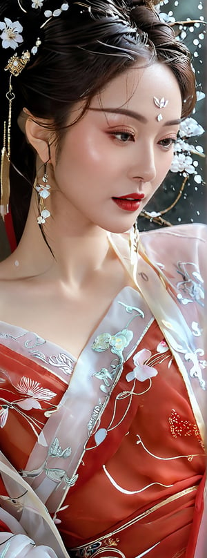 A girl reclining on seat. Wearing exquisite red-white hanfu with chiffon fabric, accentuating her (perfect AND busty) model body and beautiful long legs, mesmerizing sexual attractiveness. An ethereal glamorously beautiful face, v-shaped jawline, with expressive and bright eyes, decorated with glowing bioluminescence eye makeup, her translucent skin texture further highlight the youthful face. hyperrealisitc, raw photo, fujifilm velvia, ancient chinese legendary fantasy theme, concept art, hd 8k, perfect hand, perfect fingers, raining weather, photo_b00ster