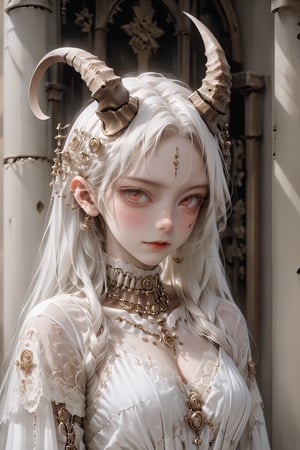 Aesthetics art,official art,big breasts,beautiful breast,
(full body),(long intricate horns:1.2) ,albino Carved porcelain cyborg demons girl, Pure white long Pigtail hair,different full body modelposition with enchantingly beautiful, alabaster skin, A benevolent smile,girl has Beautiful deep red eyes,soft expression,Depth and Dimension in the Pupils, Her porcelain-like white cyborg skin reflects an almost celestial glow,
Wearing medieval Arabian dress with a white theme,The gown is crafted from luxurious white fabrics, adorned with intricate golden embroidery that weaves across the bodice and sleeves,modest yet elegant necklace, featuring delicate white lace that adds a touch of refinement,real_booster,aesthetic portrait,kafka,LinkGirl,fire element