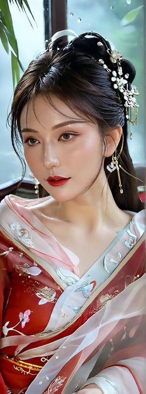 A girl reclining on seat.((big natural breasts)), Wearing exquisite red-white hanfu with chiffon fabric, accentuating her (perfect AND busty) model body and beautiful long legs, mesmerizing sexual attractiveness. An ethereal glamorously beautiful face, v-shaped jawline, with expressive and bright eyes, decorated with glowing bioluminescence eye makeup, her translucent skin texture further highlight the youthful face. hyperrealisitc, raw photo, fujifilm velvia, ancient chinese legendary fantasy theme, concept art, hd 8k, perfect hand, perfect fingers, raining weather, photo_b00ster,ellafreya