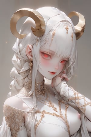 Aesthetics art,official art,big breasts,
(full body),(long intricate horns:1.2) ,albino Carved porcelain cyborg demons girl, Pure white long Pigtail hair,different full body modelposition with enchantingly beautiful, alabaster skin, A benevolent smile,girl has Beautiful deep red eyes,soft expression,Depth and Dimension in the Pupils, Her porcelain-like white cyborg skin reflects an almost celestial glow,
Wearing medieval Arabian dress with a white theme,The gown is crafted from luxurious white fabrics, adorned with intricate golden embroidery that weaves across the bodice and sleeves,modest yet elegant necklace, featuring delicate white lace that adds a touch of refinement,real_booster,aesthetic portrait,kafka