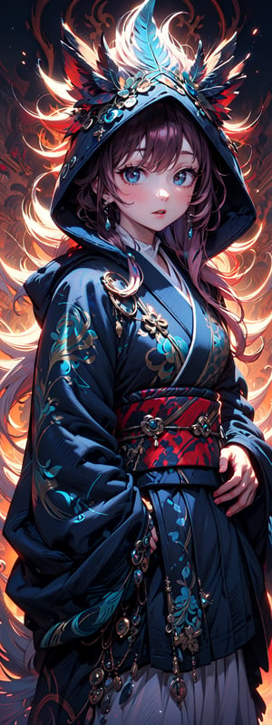 A girl with long indigo hair, fur hooded kimono, indigo hooded kimono, miniskirt, night streets. (Cinematic lighting, ethereal light, intricate details, extremely detailed, incredible details, full colored), complex details, hyper maximalist, masterpiece, best quality, HDR, UHD, unreal engine. head to thigh,xuer peacock feather