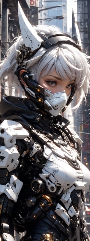 score_9, score_8_up, score_7_up, white hair,realistic skin texture, detailed anime, HD32k,1girl, solo, looking at viewer, short hair, bangs, mask, headgear, city battlefield, science fiction, covered mouth, mechanical ears, photography, closeup of face
