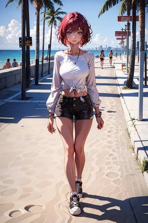 Beautiful grown woman, dark red hair, short hair with fade, bangs, large breasts, in bikini, normal sneaker, walking on sidewalk beach background, masterpiece, best quality,SHIRT