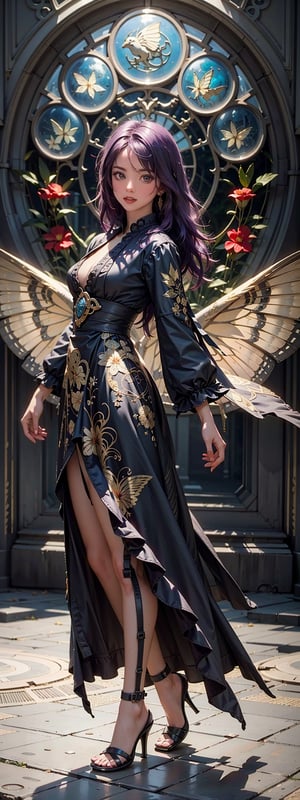 Photo Realistic ,8K,HDR, ULTRA Detailed,((purple hair)) A girl, Mucha style, butterflies, ((art nouveau styles)), gold and white and red hue, (dramatic lighting), ethereal light, intricate details, extremely detailed, incredible details, full colored), complex details, hyper maximalist, gorgeous light and shadow, detailed decoration, detailed lines. masterpiece, best quality, HDR, UHD, unreal engine, looking at viewer, fair skin, beautiful face, (photo background), depth of field, bokeh, Full Body ,((Dynamic Angle)),masterpiece