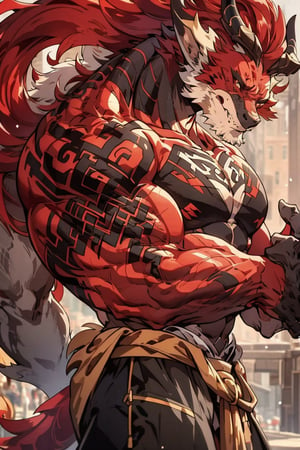 solo, long hair, looking at viewer, red eyes, 1boy, male focus, red hair, horns, pants, from side, tattoo, muscular, facial hair, pectorals, muscular male, bara, beard, furry, large pectorals, topless male, mature male, furry male, tusks, dragon boy,dragonknight,realhands