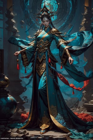 Full body shot of a character standing in majestic pose, realistic representation of a fantasy chinese empress with the most sumptuous wedding hanfu dress made of blue silk and richly embroidered with gold and silver threads, intricately carved golden badges and tassels. Art by Yoshitaka Amano, Huang Guangjian, Zhong Fenghua, stunning interpretive visual, gothic regal, colorful, realistic eyes, dreamy magical atmosphere, (film grain), (warm hue, warm tone), cinematic light, side lightings,zhongfenghua,gu,weapon,Makeup