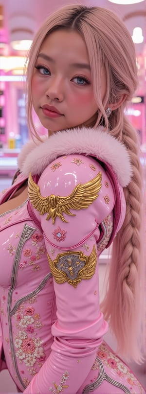 A striking female warrior stands in a futuristic, pastel-themed environment, her figure accentuated by sleek, form-fitting armor. She has flowing, pastel pink hair styled in long, elegant braids that cascade down her shoulders, framing her flawless face. Her large, expressive blue eyes sparkle with an innocent yet determined gaze, capturing the contrast between her soft appearance and her fierce nature. She is clad in highly detailed, ornate power armor with shining metallic gold and soft pink accents. The armor is sculpted perfectly to her form, featuring intricate filigree patterns and golden winged insignias across the chest plate and shoulders. Her shoulder pads are adorned with fur linings, adding a touch of elegance to the otherwise futuristic design.

The armor’s surfaces are polished to a near-reflective sheen, and small pink and white floral motifs are delicately etched into the armor's plating, blending feminine beauty with mechanical precision. The environment around her is a pastel pink and white, resembling a futuristic café with soft lighting, giving the scene a dreamlike, surreal quality. Her soft pink armor glows faintly in the ambient light, emphasizing her ethereal, otherworldly presence. Her pose is graceful yet strong, embodying the perfect balance between strength and elegance in this hyper-detailed, futuristic fantasy world,ct-bustyy2