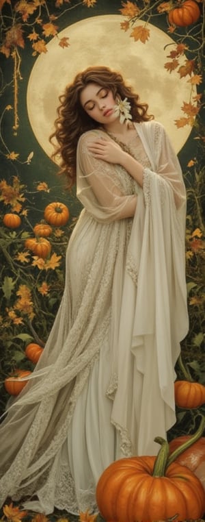 A dreamy Art Nouveau scene in the style of Alphons Mucha, depicting a woman wearing a white flowing dress, a transparent cover-up (with a pumpkin pattern underneath visible), and a gorgeous, intricate pumpkin-patterned dress. . She has beautiful big green bright eyes and she sleeps peacefully, surrounded by ethereal Halloween elements: a full moon casts a soft glow, pumpkins and autumn leaves are scattered around. The composition is centered on her peaceful face, framed by the moon above and Halloween decorations. The lighting is soft and magical, enhancing the dreamy atmosphere. masterpiece.