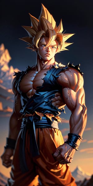 masterpiece, high quality, detailed lighting, son goku, (solo), 1boy, battle damage, (best quality), muscular, blue sky, blurry, blurry background, glacier, male focus, sky, solo, ultra instinct,(( blonde hair)), torn clothes, (good hands), (masterpiece), anatomy, , son goku,son goku,giant_this_guy