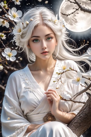 art style, intricate Portrait of  beautiful Japanese girl ,siting on tree, paying flute with white flowy hair wearing a treditonal white , white dress with a silk vibrant white color, hyperdetailed face, hyperdetailed eyes, sharp focus on eyes, 8k UHD, work of beauty and inspiration, flowercore, wide angle  ,alberto seveso style ,A white  flower petals flying with the wind ,large full-moon background ,  glowing fractal art elements  hazel eyes,Anime ,photo r3al