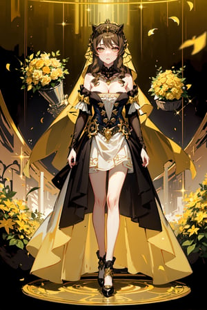 girl, dynamic view, NSFW, , golden patterns, long wedding veil, royalty, tiara, full body, golden flower patterns, nonchalant,absurdres, highres, ultra detailed, bags under eye, tired, sleepy, circles under eyes,mizuhara_chizuru,anime, golden eyes, average_breasts, dark brown hair,titania1