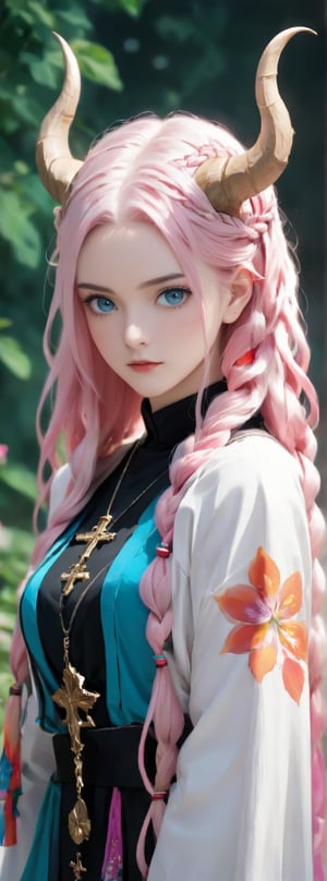 albino Demon Girl, (long intricate horns:1.2),Beautiful nordic girl, a nun adorned in a colorful and stunning floral-patterned habit,(pink wimple),((big natural breasts))
colorful scapulae,Cross,
Very long braided hair,colorful braided hair,radiating vibrancy and life.,Her attire exudes warmth and kindness, spreading serenity like a blooming garden. With elegant grace, ,mizuki shiranui,aesthetic portrait,ktrmkp,Realistic Blue Eyes,tlps,ct-niji2,FilmGirl