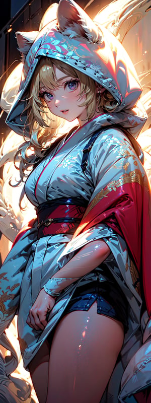 A girl with long blonde hair, fur hooded kimono, red hooded kimono, miniskirt, night streets. (Cinematic lighting, ethereal light, intricate details, extremely detailed, incredible details, full colored), complex details, hyper maximalist, masterpiece, best quality, HDR, UHD, unreal engine. head to thigh,1girl