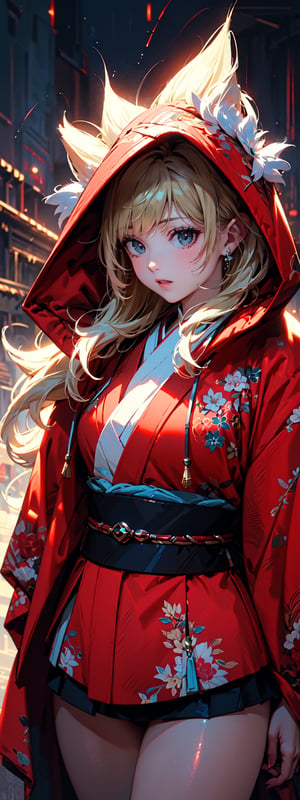 A girl with long blonde hair, fur hooded kimono, red hooded kimono, miniskirt, night streets. (Cinematic lighting, ethereal light, intricate details, extremely detailed, incredible details, full colored), complex details, hyper maximalist, masterpiece, best quality, HDR, UHD, unreal engine. head to thigh,