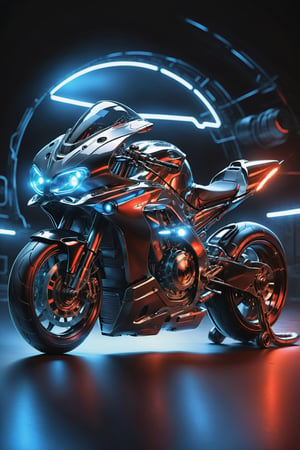 Masterpiece, ultra-definition, super detailed, perfect drawing, 1  transparent SPORT race motocycle with headlight on white lights , Colored blue, silver and black carbonfiber, Industrial design, clean, Luminous neon lit,  red background, Surrealism, UHD, high details, best quality, 2K