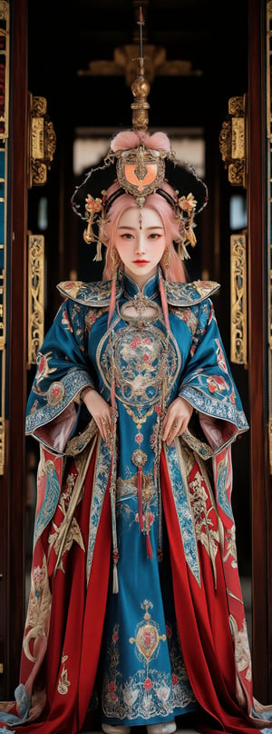 Score_9, score_8_up, score_7_up, A regal beauty stands majestically within an opulent ancient oriental palace, her lavish dress a masterpiece of ornate embellishments, intricate embroidery, and dazzling accessories.((light pink hair)) The traditional pattern-adorned silk fabric shimmers in harmony with bright colors and elaborate headdresses, blending Eastern aesthetics and martial arts flair. Framed by intricately carved wooden screens and sweeping archways, the stately subject's pose exudes confident poise, as if ready to unleash her inner warrior. Movie special effects grade style.