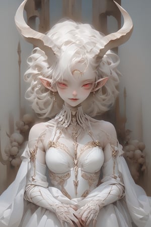 Aesthetics art,official art,big breasts,
(full body),(long intricate horns:1.2) ,albino Carved porcelain cyborg demons girl, Pure white long Pigtail hair,different full body modelposition with enchantingly beautiful, alabaster skin, A benevolent smile,girl has Beautiful deep red eyes,soft expression,Depth and Dimension in the Pupils, Her porcelain-like white cyborg skin reflects an almost celestial glow,
Wearing medieval Arabian dress with a white theme,The gown is crafted from luxurious white fabrics, adorned with intricate golden embroidery that weaves across the bodice and sleeves,modest yet elegant necklace, featuring delicate white lace that adds a touch of refinement,real_booster,aesthetic portrait,kafka,glass,NYFlowerGirl