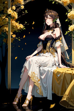 girl, dynamic view, NSFW, , golden patterns, long wedding veil, royalty, tiara, full body, golden flower patterns, nonchalant,absurdres, highres, ultra detailed, bags under eye, tired, sleepy, circles under eyes,mizuhara_chizuru,anime, golden eyes, average_breasts, dark brown hair,titania1